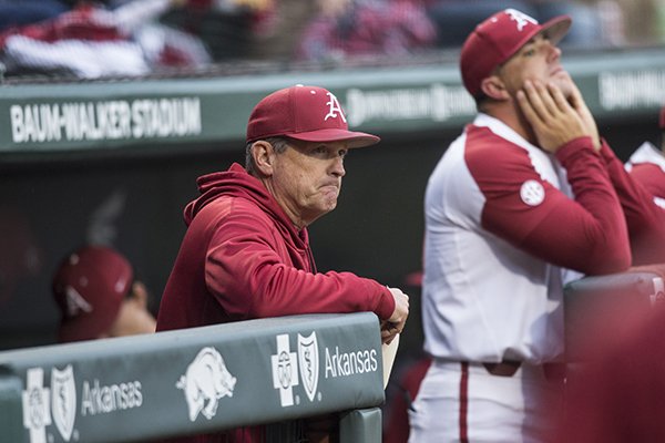 Arkansas coach Dave Van Horn watches from the dugout during a game against LSU on Thursday, May 9, 2019, in Fayetteville. 