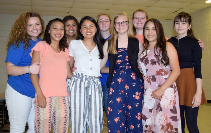 Westside Eagle Observer/MIKE ECKELS Senior honor students from the Decatur High School class of 2019 gather in the school's cafeteria for the Decatur Chamber's annual honors banquet May 6. This year's honorees included Savanna Dodson (left), Desi Meek, Renae Nino, Jacqueline Hernandez, Sammie Skaggs, Lizzie Haisman, Mattie Ramsey, Dania Uribe and Coral Frydrychowski.