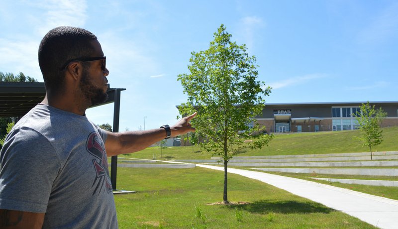 Sierra Bush/Herald-Leader Don Clark, community development director, points to seating for patrons of the Chautauqua Amphitheater last Friday. Memorial Park and Chautauqua Amphitheater are slated to open Saturday at 10 a.m., a year and a week after city officials broke ground May 17, 2018.