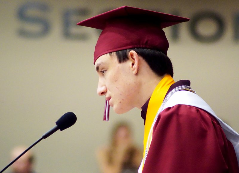 Westside Eagle Observer/RANDY MOLL Gentry senior Kevin German gave the valedictorian address during Gentry High School graduation ceremonies held Sunday at the Bill George Arena in Siloam Springs.