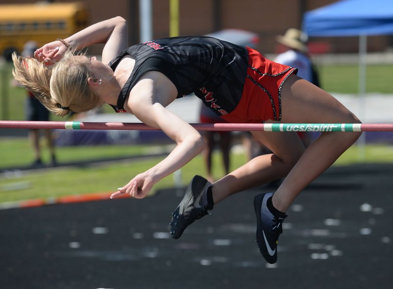 NWA Democrat-Gazette/ANDY SHUPE
Blakelee Winn of Pea Ridge clears the bar Thursday, May 16, 2019, while competing in the high jump portion of the state heptathlon championship at Ramay Junior High School. Visit nwadg.com/photos to see more photographs from the meet.