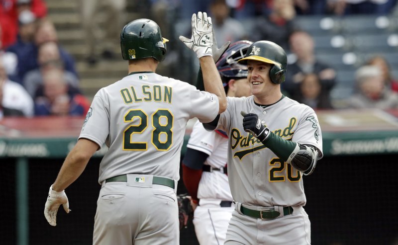 Oakland Athletics' Mark Canha (20) is congratulated by Matt Olson after Canha hit a two-run home run off Cleveland Indians starting pitcher Trevor Bauer in the third inning of a baseball game, Tuesday, May 21, 2019, in Cleveland. Olson scored on the play. (AP Photo/Tony Dejak)