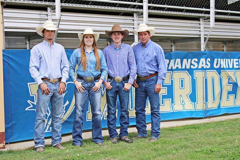 From left, Logan Graham, Michaela Caudle, Cash Davis, and Rusty Hayes, SAU rodeo coach, are preparing for College National Rodeo Finals in Jasper, Wyoming, June 9-15, 2019. This year marks the team’s 13th consecutive trip to the Finals.