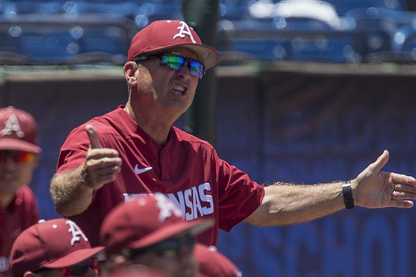 Arkansas coach Dave Van Horn gestures from the dugout during an SEC Tournament game against Ole Miss on Wednesday, May 22, 2019, in Hoover, Ala.
