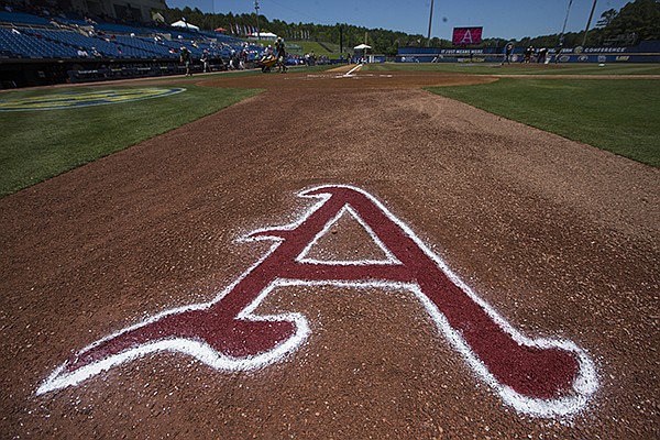 An Arkansas logo is shown on the field prior to a game between the Razorbacks and Ole Miss at the SEC Tournament on Wednesday, May 22, 2019, in Hoover, Ala. 