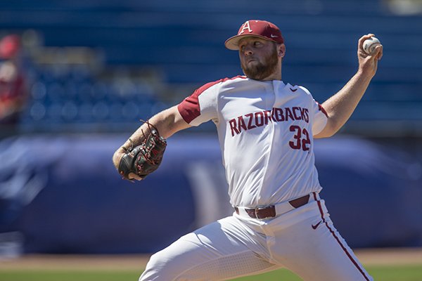 Arkansas pitcher Matt Cronin throws during an SEC Tournament game against Ole Miss on Wednesday, May 22, 2019, in Hoover, Ala. 