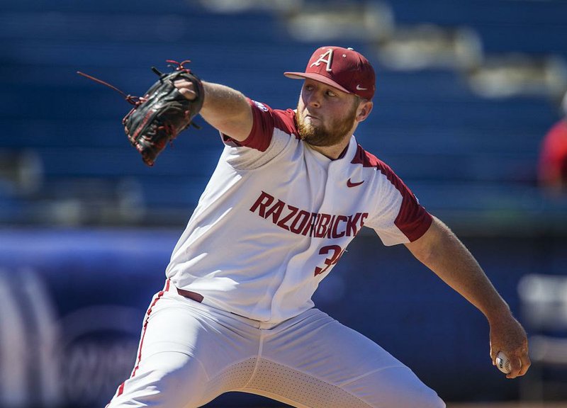 NWA Democrat-Gazette/BEN GOFF @NWABENGOFF
Matt Cronin pitches for Arkansas in the 8th inning vs Ole Miss Wednesday, May 22, 2019, during game 6 of the SEC Baseball Tournament at the Hoover Metropolitan Stadium in Hoover, Ala.