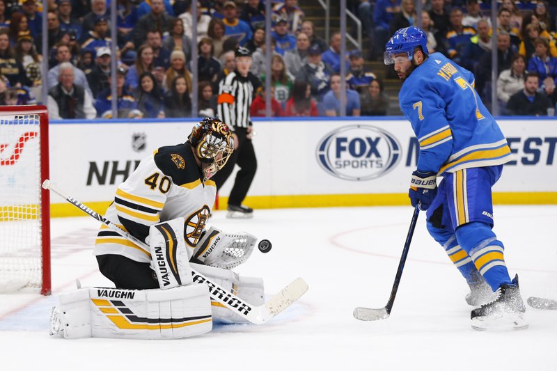  In this Feb. 23, 2019, file photo, Boston Bruins goalie Tuukka Rask (40), of Finland, makes a save against St. Louis Blues' Patrick Maroon (7) during the second period of an NHL hockey game, in St. Louis. (AP Photo/Dilip Vishwanat, File)