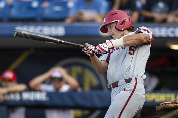 Arkansas third baseman Jacob Nesbit swings during an SEC Tournament game against Georgia on Thursday, May 23, 2019, in Hoover, Ala. 