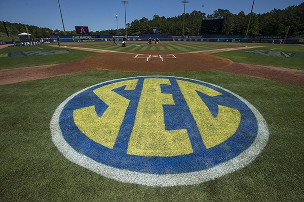 An SEC logo is shown behind home plate prior to an SEC Tournament game between Arkansas and Ole Miss on Wednesday, May 22, 2019, in Hoover, Ala. 