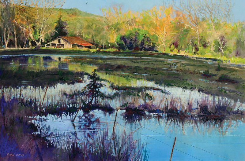 Image courtesy Carol Dickie "After a day of painting, I was headed home through the lovely Boxley Valley along the Buffalo National River, when I glanced back at the old barn at the end of a long pond," artist Carol Dickie says. "The sun was falling quickly but still lit the barn and the trees behind it."