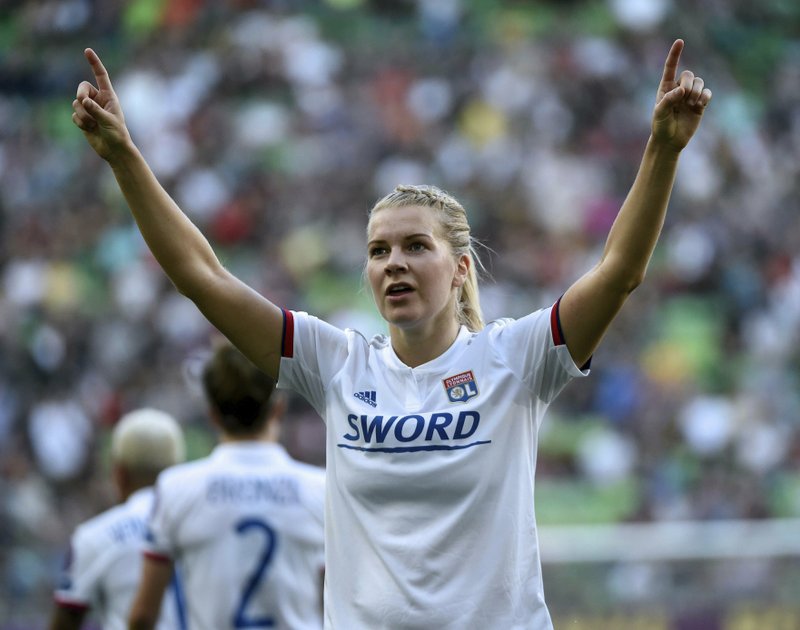 The Associated Press STAR STAYS HOME: Ada Hegerberg of Lyon celebrates her goal Saturday during the women's soccer UEFA Champions League final match between Olympique Lyon and FC Barcelona at the Groupama Arena in Budapest, Hungary.