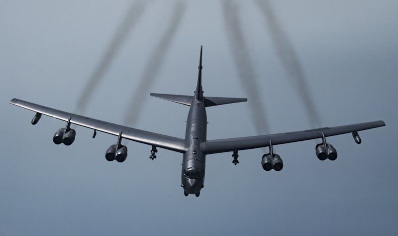 In this Tuesday, May 21, 2019 photo, provided by the U.S. Air Force, a U.S. B-52H Stratofortress, prepares to join up with Qatari Air Force Mirage 2000s and U.S. F-35A Lightning IIs to fly in formation over Southwest Asia to build military-to-military relationships, in an undisclosed location. The B-52H is part of the Bomber Task Force deployed to the U.S. Central Command area of responsibility to defend American forces and interests in the region. (Senior Airman Keifer Bowes/U.S. Air Force via AP)