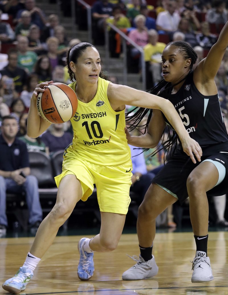 The Associated Press BIRD OUT: In this Aug. 17, 2018, file photo, Seattle Storm's Sue Bird (10) tries to get past New York Liberty's Brittany Boyd during a WNBA game in Seattle. Bird needs arthroscopic surgery on her left knee and will be out indefinitely, another big blow for the defending WNBA champs. The Storm announced Tuesday that the 11-time All-Star has a loose body in her left knee. Bird will undergo surgery in Connecticut in the near future.