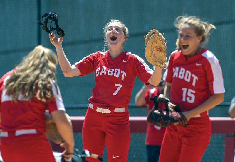 Aubrey Lee, No. 7, Cabot first baseman, celebrates after making the final out to defeat Bentonville 5-3 on  May 17 in the Class 6A state-championship softball game at Bogle Park in Fayetteville. 