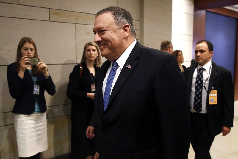 Secretary of State Mike Pompeo arrives at a classified briefing for members of Congress on Iran, Tuesday, May 21, 2019, on Capitol Hill in Washington. (AP Photo/Patrick Semansky)