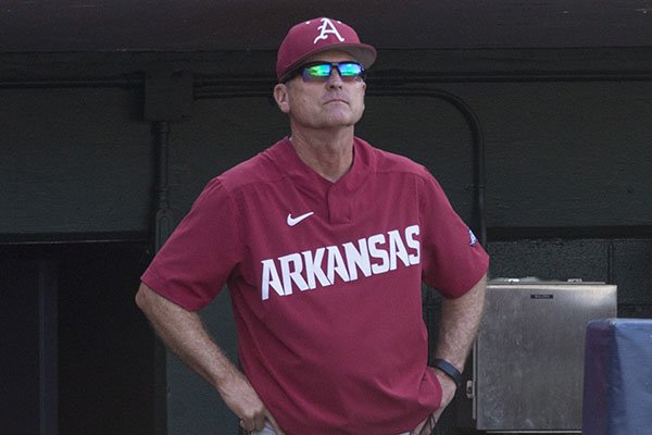 Arkansas coach Dave Van Horn watches from the dugout during an SEC Tournament game against Ole Miss on Friday, May 24, 2019, in Hoover, Ala. 
