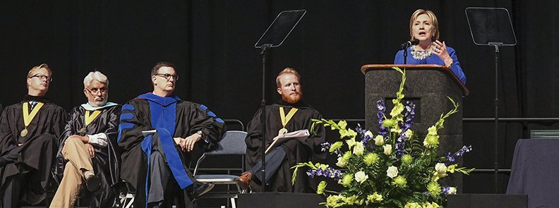 The Sentinel-Record/Grace Brown KEYNOTE SPEAKER: Former U.S. Secretary of State Hillary Clinton speaks during the 25th graduation of the Arkansas School for Mathematics, Sciences, and the Arts at Bank OZK Arena on Saturday.