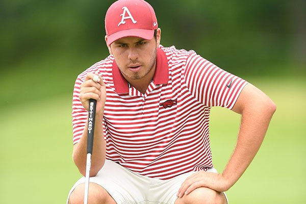 Arkansas surveys a putt during the NCAA Golf Championships on Sunday, May 26, 2019, at Blessings Golf Club in Fayetteville.