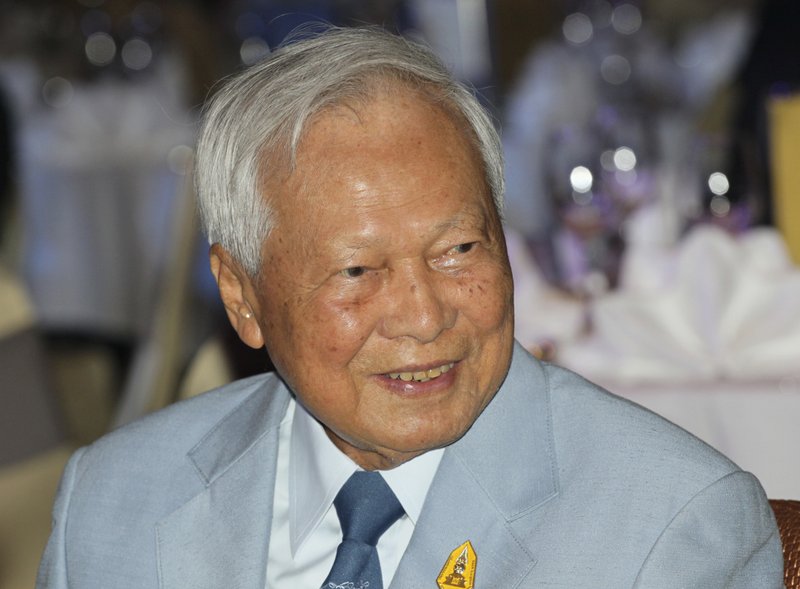 FILE - In this Nov. 11, 2014 file photo, former Prime Minister Prem Tinsulanonda attends a charity function in Bangkok, Thailand. Prem Tinsulanonda, one of Thailand's most influential political figures over four decades who served as army commander, prime minister and adviser to the royal palace, has died at age 98. Thai media reported he died Sunday morning, May 26, 2019, in a Bangkok hospital, and an official announcement is expected.(AP Photo/Sakchai Lalit, File)