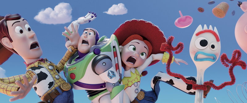 Woody (from left), Buzz Lightyear and Jessie are joined by new character Forky in a new adventure in "Toy Story 4." (Pixar)
