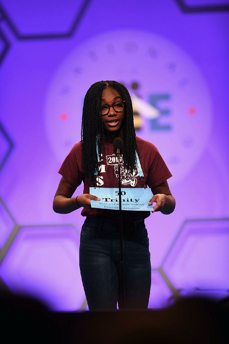 Trinity Foster of Crossett spelled “chia” and “opulent” onstage Tuesday at the Scripps National Spelling Bee. Those who get through Rounds 2 and 3 learn today if they’ll be in Thursday’s finals. 
