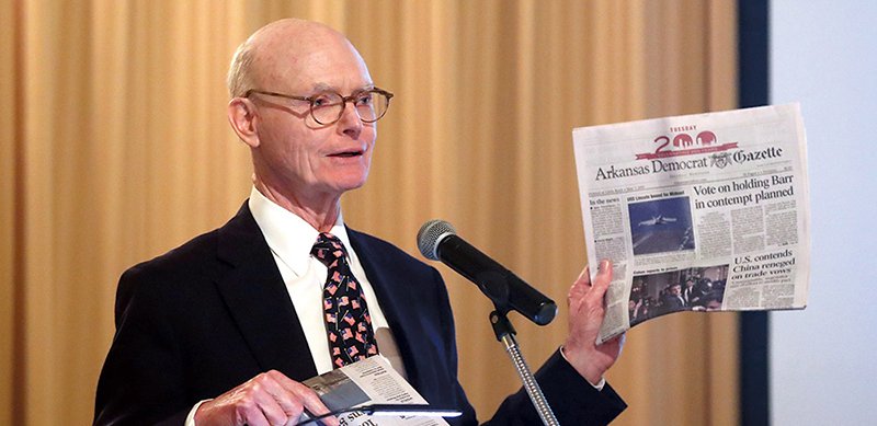 The Sentinel-Record/Richard Rasmussen IN PRINT: Walter E. Hussman Jr., publisher of the Arkansas Democrat-Gazette and chairman of WEHCO Media Inc., speaks to Hot Springs National Park Rotary Club at the Arlington Resort Hotel &amp; Spa on Wednesday about the newspaper's plan to convert print subscribers to digital subscribers by the end of 2019.