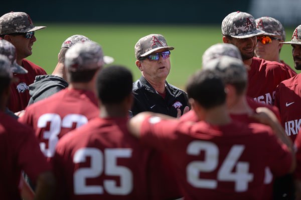 Arkansas coach Dave Van Horn speaks Thursday, May 30, 2019, with his team during practice and walk-through ahead of today's NCAA Baseball Regional at Baum-Walker Stadium in Fayetteville.