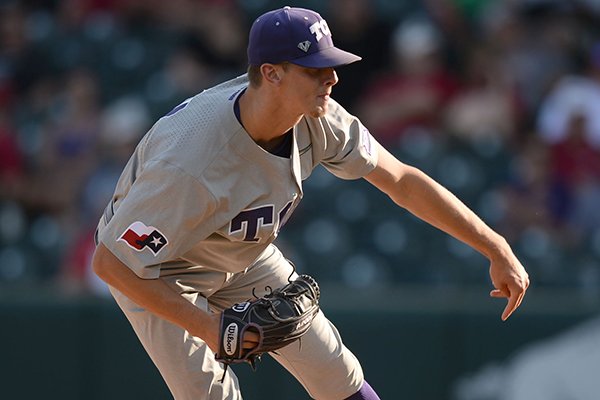 TCU starter Brandon Williamson follows through with a pitch Friday, May 31, 2019, during the first inning of a game against California at Baum-Walker Stadium in Fayetteville.
