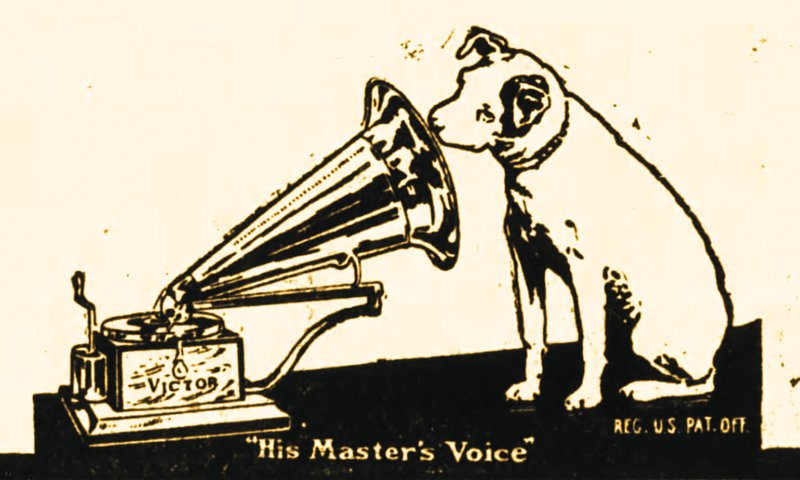 The logo of the Victrola Co., from an ad in the Aug. 28, 1910, Arkansas Democrat, shows a dog listening to "His Master's Voice." (Arkansas Democrat-Gazette)