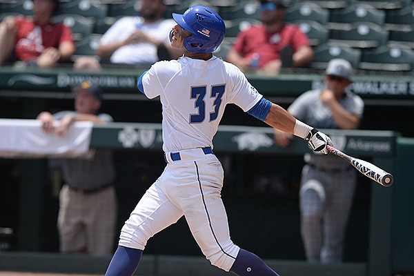 Central Connecticut right fielder Dave Matthews connects Saturday, June 1, 2019, for a 3-run home run to break a 3-3 tie during the fifth inning of the Blue Devils' 7-4 win over California at Baum-Walker Stadium in Fayetteville.