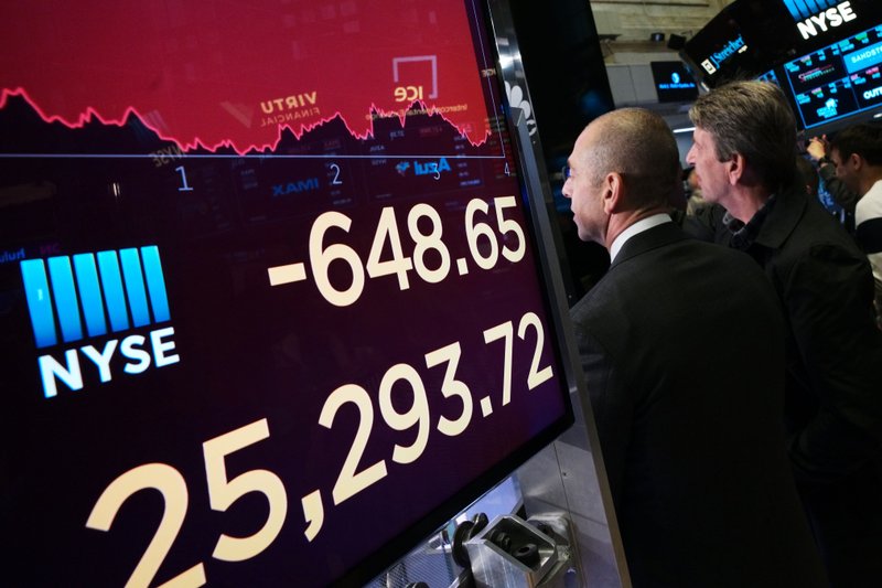 FILE - In this May 13, 2019, file photo an electronic screen shows the drop in the Dow Industrials at the New York Stock Exchange. An unexpected escalation in the trade war between the U.S. and China jolted investors into a defensive position in May. (AP Photo/Mark Lennihan, File)