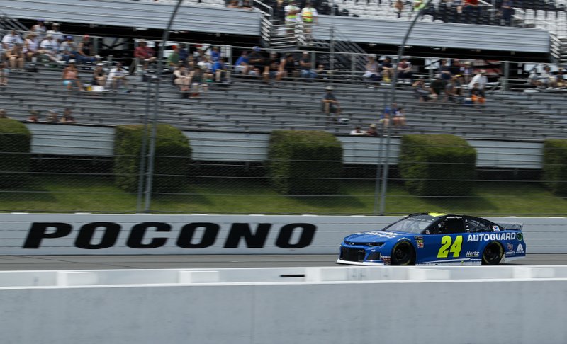 William Byron drives down the front stretch during qualifying for Sunday's NASCAR Cup Series auto race at Pocono Raceway, Saturday, June 1, 2019, in Long Pond, Pa. (AP Photo/Matt Slocum)