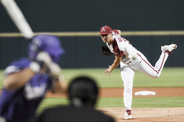 Arkansas pitcher Patrick Wicklander throws during an NCAA regional game against TCU on Sunday, June 2, 2019, in Fayetteville. 
