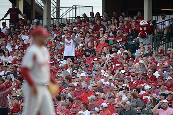 Fans are shown during an NCAA regional game between Arkansas and TCU on Saturday, June 1, 2019, in Fayetteville.