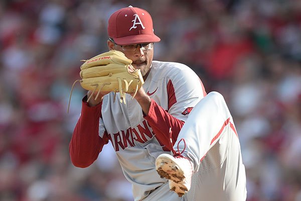 Arkansas starter Isaiah Campbell delivers to the plate Saturday, June 1, 2019, during the first inning against TCU at Baum-Walker Stadium in Fayetteville. Arkansas starter Isaiah Campbell delivers to the plate Saturday, June 1, 2019, during the first inning against TCU at Baum-Walker Stadium in Fayetteville.