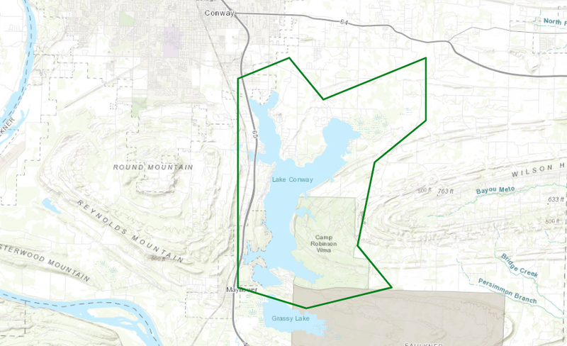 The area outlined in green in this National Weather Service map are under a flood warning because of rising waters in Lake Conway.