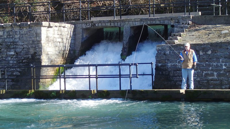 NWA Democrat-Gazette/FLIP PUTTHOFF An angler fishes for trout near the trout hatchery at Roaring River State Park near Cassville, Mo. The Missouri Department of Conservation proposes fee increases for daily trout tags and annual trout permits.