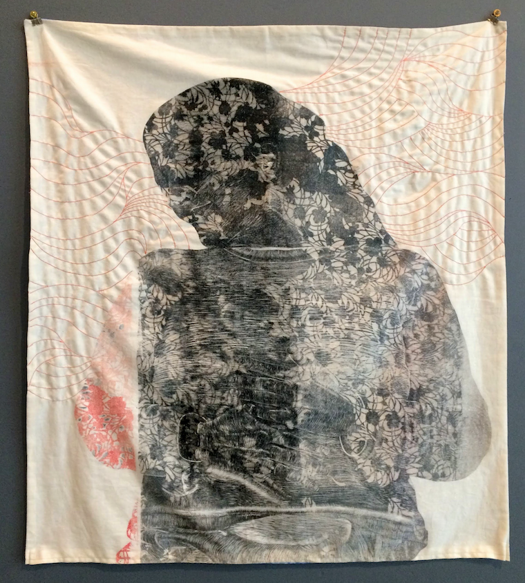 "Transform" is the title of Melissa Gill19;s relief with stitching on cotton. (Courtesy of Gallery 26)  