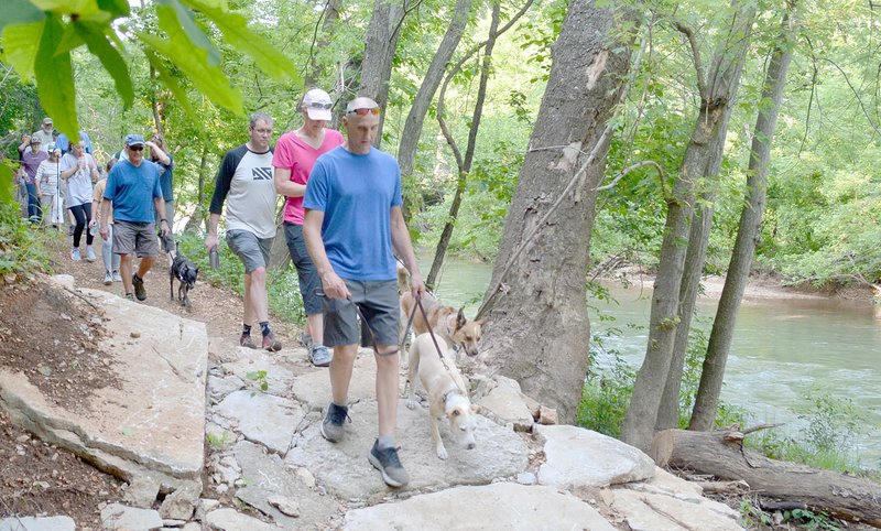 Keith Bryant/The Weekly Vista Walkers carefully step down a somewhat steep rock section of trail alongside Little Sugar Creek during last week's preview hike, which highlighted about a one-and-a-half mile section of the 11 Under trails. The trails are currently closed.