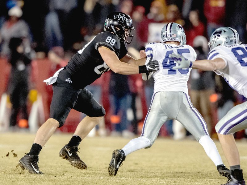 Photo courtesy of Iowa State Communications/Iowa State tight end Dylan Soehner blocks against Kansas State. The Cyclones defeated the Wildcats, 42-38, at home Nov. 24, 2018 with Soehner helping Iowa State rush for 156 yards. He is a 2016 graduate of Prairie Grove High School.