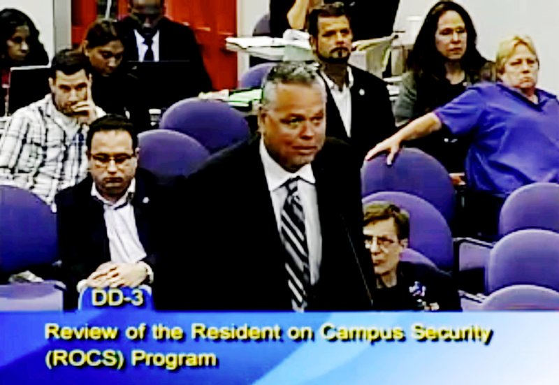 In this Feb. 18, 2015, file frame from video from Broward County Public Schools, school resource officer Scot Peterson talks during a school board meeting of Broward County, Fla. Peterson, the then-Florida sheriff's deputy assigned to protect the high school where 17 died in a 2018 shooting has been arrested on 11 charges, Tuesday, June 4, 2019. State Attorney Mike Satz announced that 56-year-old Peterson faces child neglect, culpable negligence and perjury charges. (Broward County Public Schools via AP, File)