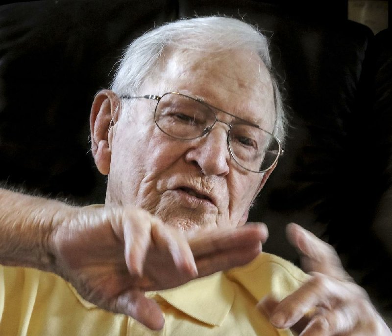 William “Dub” Toombs, 95, describes air combat during a recent interview at his home in North Little Rock. Toombs is among a group of World War II veterans featured in The Cold Blue, airing tonight on HBO. 