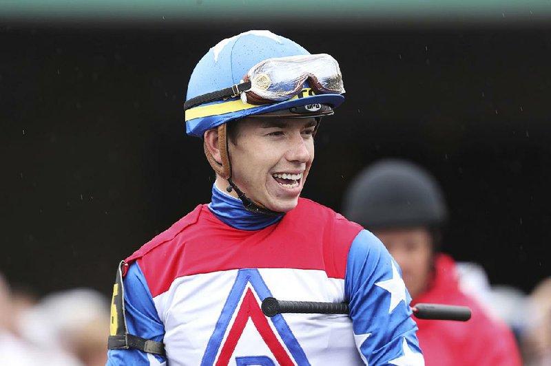 In this May 4, 2019, file photo, jockey Tyler Gaffalione is shown at Churchill Downs in Louisville, Ky. Gaffalione at 24 has become horse racing’s rising star jockey after winning the Preakness and can add to his already impressive resume in the Belmont.