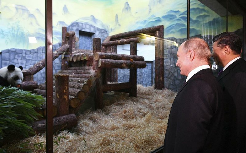 Russian President Vladimir Putin (left) and Chinese President Xi Jinping visit a panda Wednesday at the Moscow Zoo. 