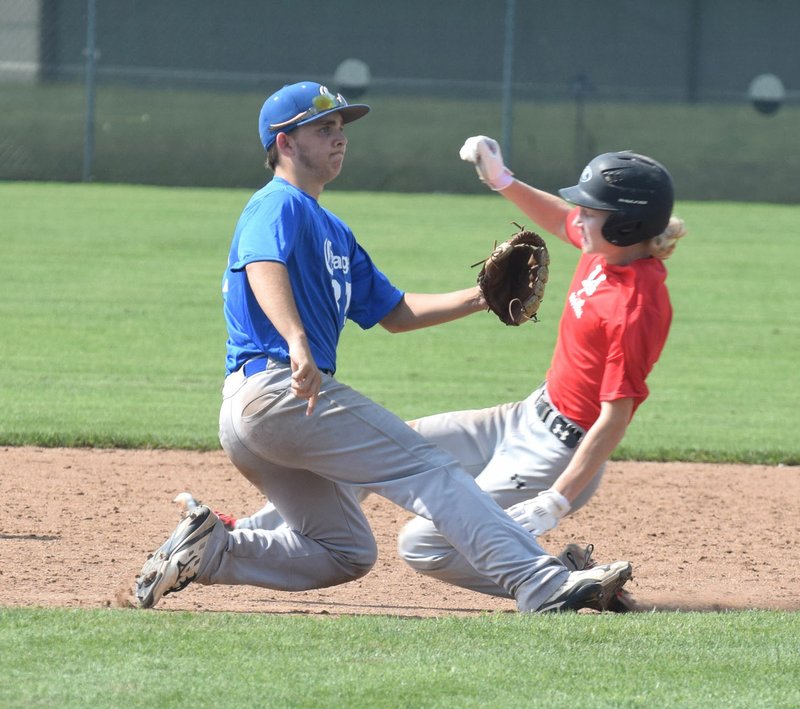 RICK PECK/SPECIAL TO MCDONALD COUNTY PRESS McDonald County's Wyatt Jordan steals second base during the McDonald County 18U baseball team's 6-5 loss on June 2 to Carthage in the Carl Junction 18U Baseball Tournament at Carl Junction High School.