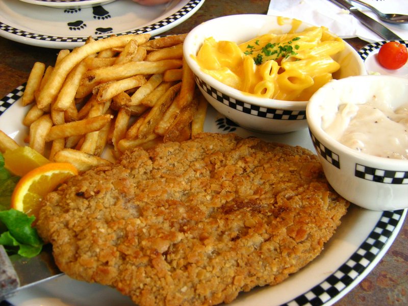 The Bigfoot Chicken Fried Steak Full-Course Dinner comes with two sides, soup or salad and a corn muffin. Arkansas Democrat-Gazette/Rosemary Boggs