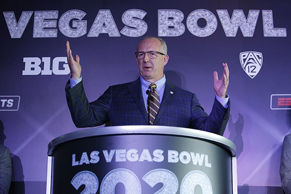 SEC Commissioner Greg Sankey speaks during a news conference to announce changes to the Las Vegas Bowl football game, Tuesday, June 4, 2019, in Las Vegas. The Las Vegas Bowl is moving to a new, bigger stadium next year, and will feature teams from the SEC or Big Ten conferences against a Pac-12 contender. (AP Photo/John Locher)