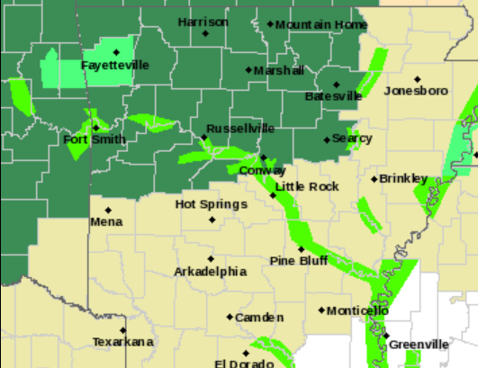 A map from the National Weather Service showed much of the northern part of Arkansas covered by a flash flood watch Thursday. Washington County was under a flood advisory.
