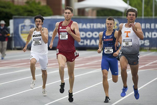 Arkansas' Cameron Griffith runs the men's 1,500-meter run during the SEC Track and Field Championships on Friday, May 10, 2019, at John McDonnell Field in Fayetteville. 